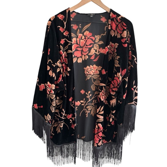 Floral Velvet Burnout Fringe Cardigan Boho Vintage Inspired Festival Size Large - Picture 1 of 16